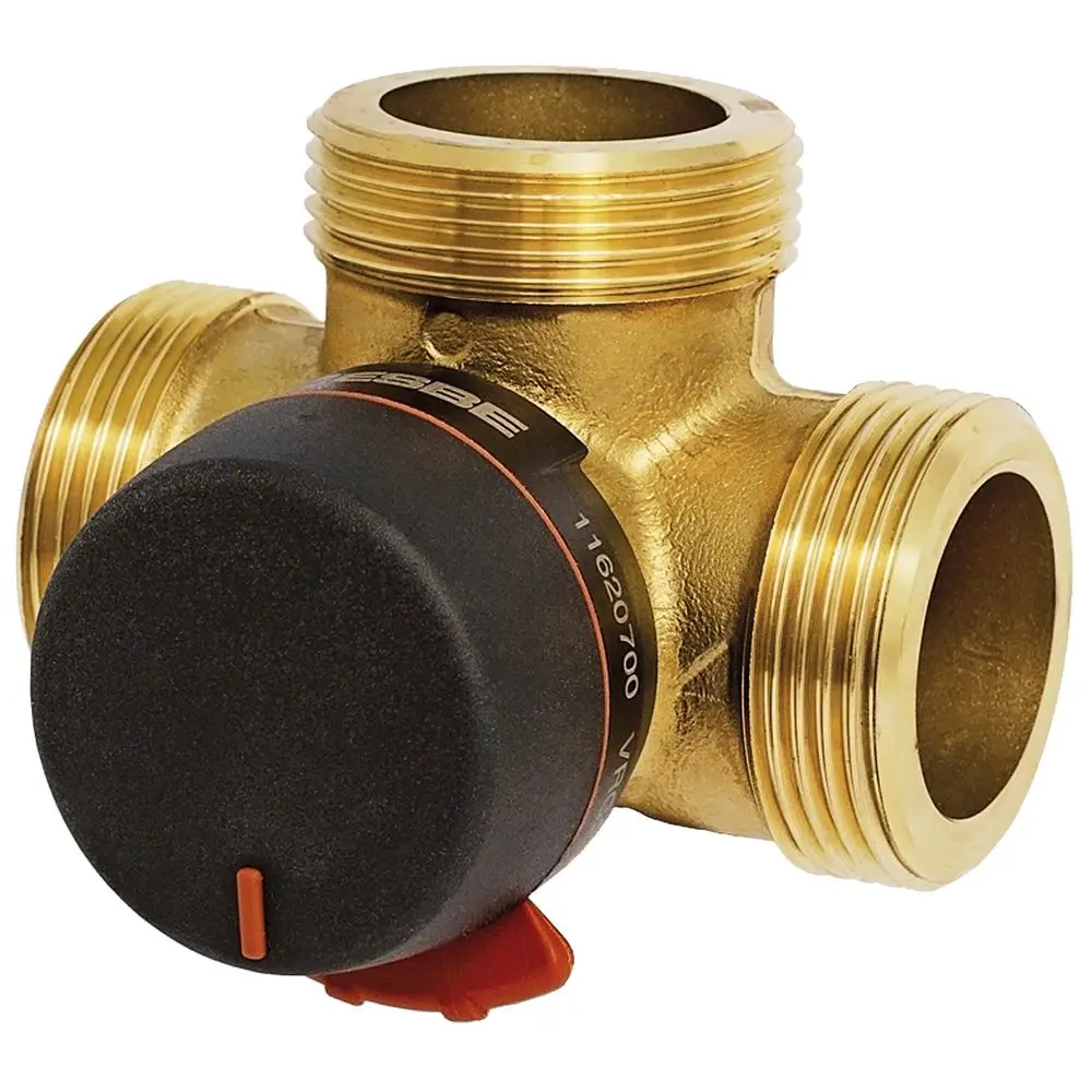 Dreiwege-Umschaltmischer aus Messing mit einem schwarzen Drehknopf und seitlichen Gewinden. Produkt von ESBE, geeignet für hydraulische Anwendungen.